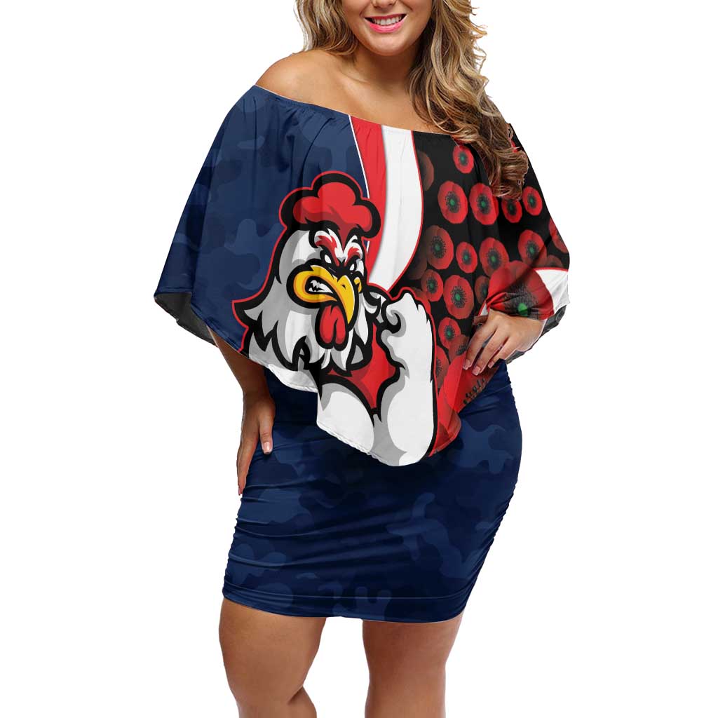 Sydney Roosters ANZAC Personalised Off Shoulder Short Dress Lest We Forget Poppy Camo
