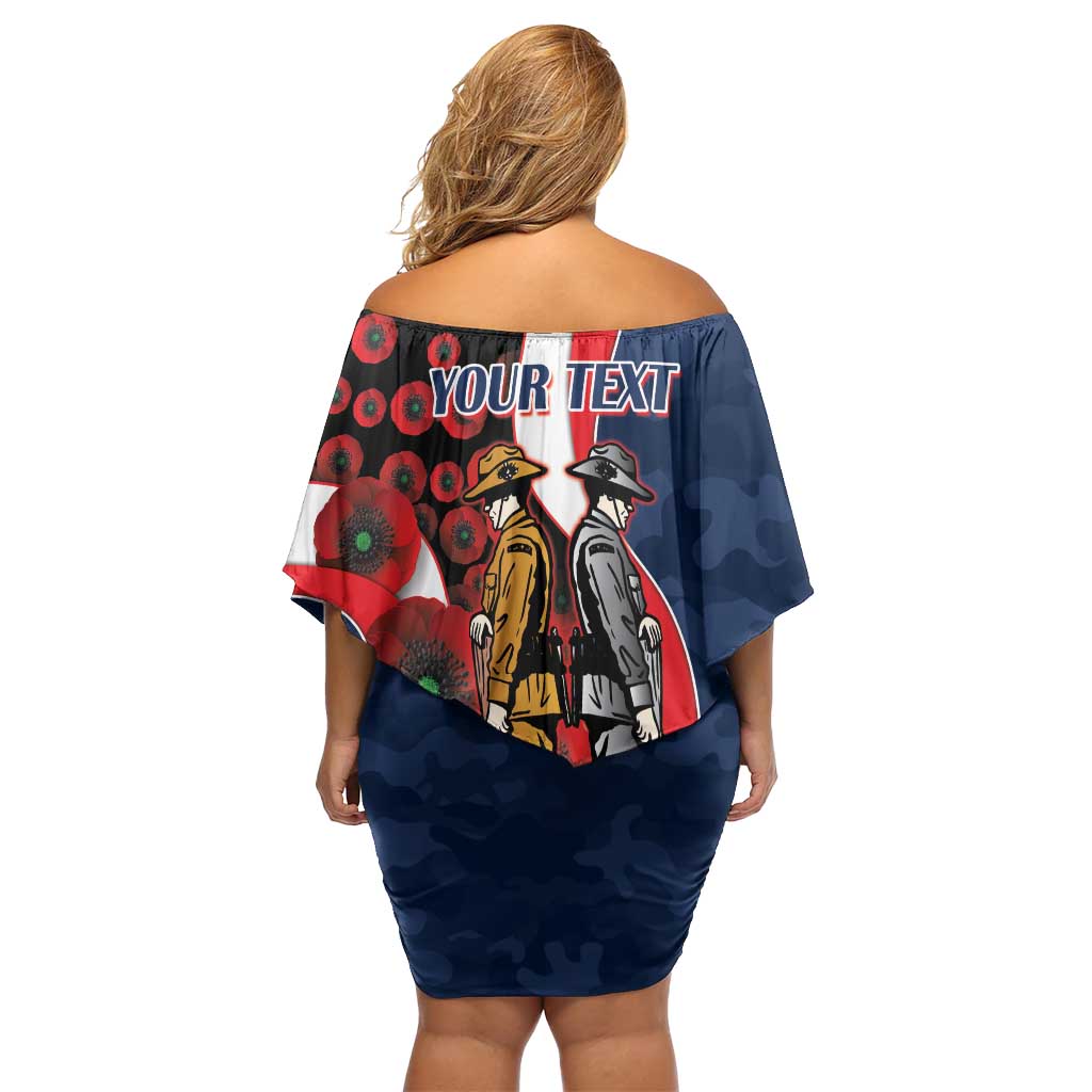 Sydney Roosters ANZAC Personalised Off Shoulder Short Dress Lest We Forget Poppy Camo