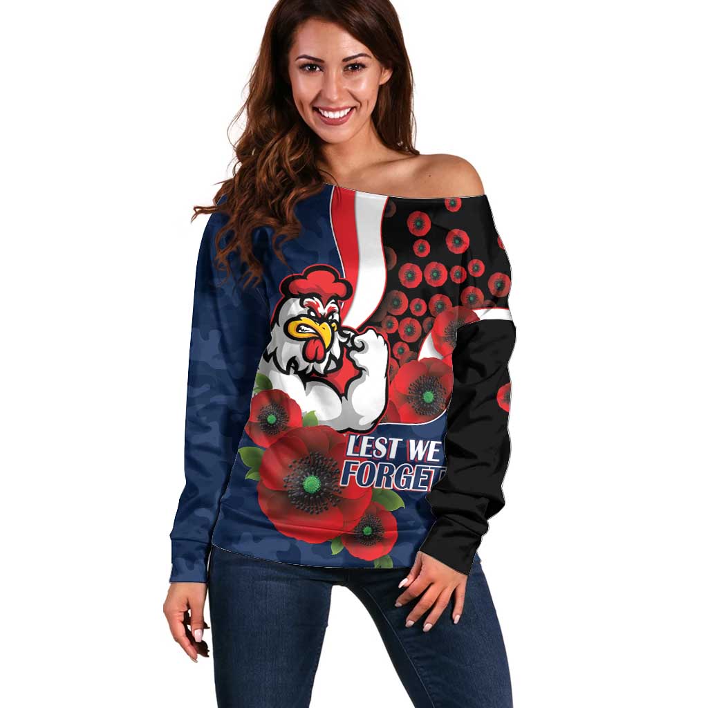 Sydney Roosters ANZAC Personalised Off Shoulder Sweater Lest We Forget Poppy Camo