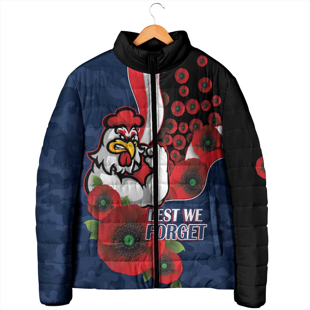 Sydney Roosters ANZAC Personalised Padded Jacket Lest We Forget Poppy Camo