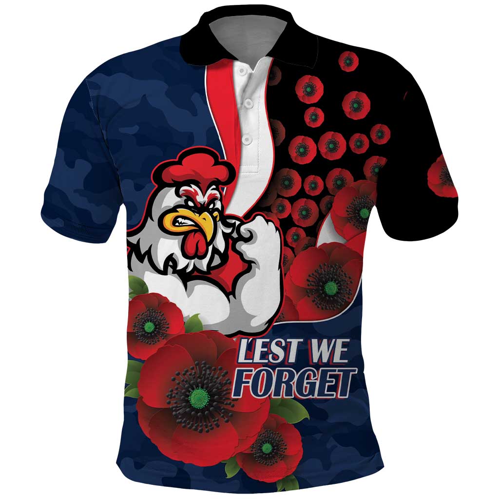 Sydney Roosters ANZAC Personalised Polo Shirt Lest We Forget Poppy Camo