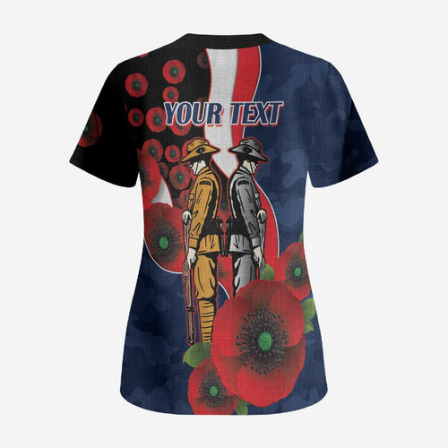Sydney Roosters ANZAC Personalised Scrub Top Lest We Forget Poppy Camo
