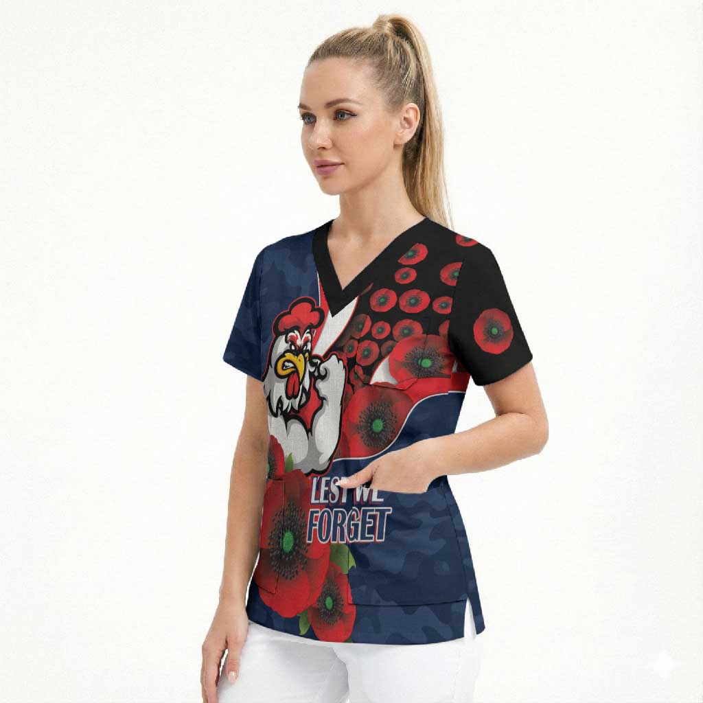 Sydney Roosters ANZAC Personalised Scrub Top Lest We Forget Poppy Camo