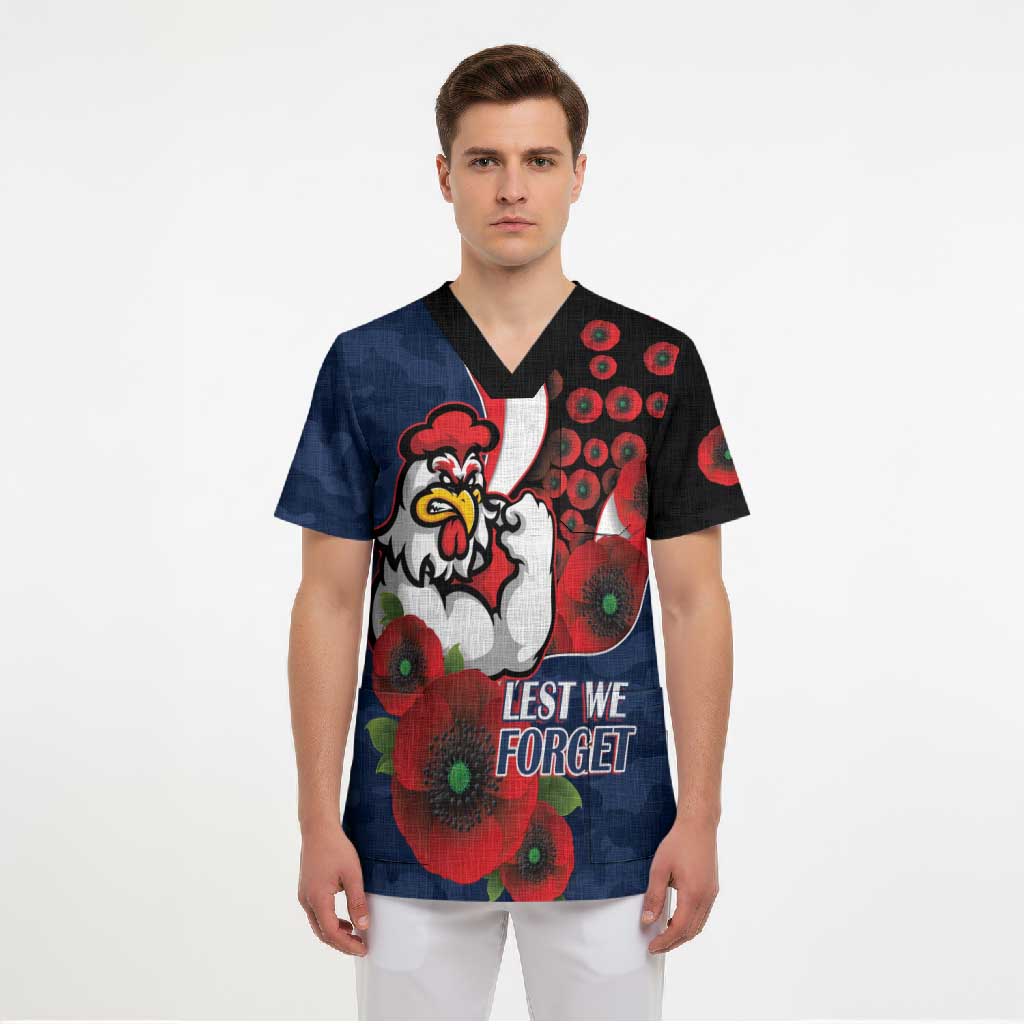 Sydney Roosters ANZAC Personalised Scrub Top Lest We Forget Poppy Camo
