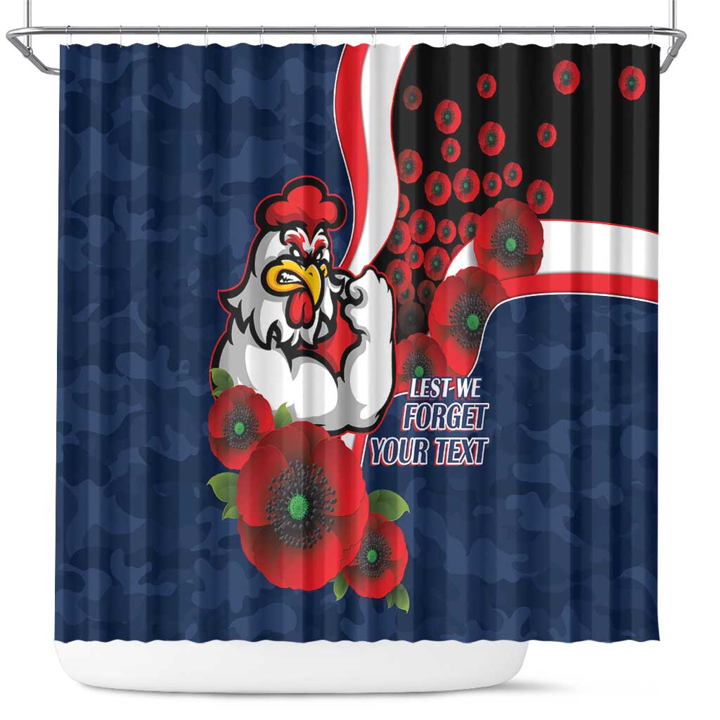 Sydney Roosters ANZAC Personalised Shower Curtain Lest We Forget Poppy Camo