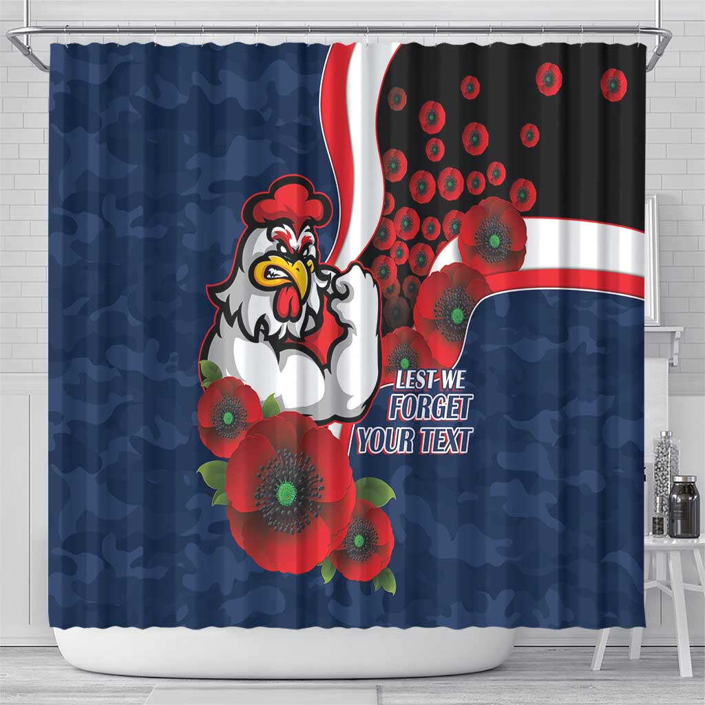 Sydney Roosters ANZAC Personalised Shower Curtain Lest We Forget Poppy Camo