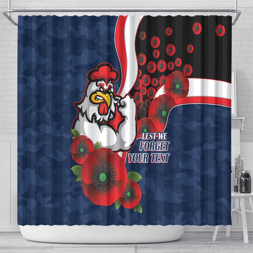 Sydney Roosters ANZAC Personalised Shower Curtain Lest We Forget Poppy Camo
