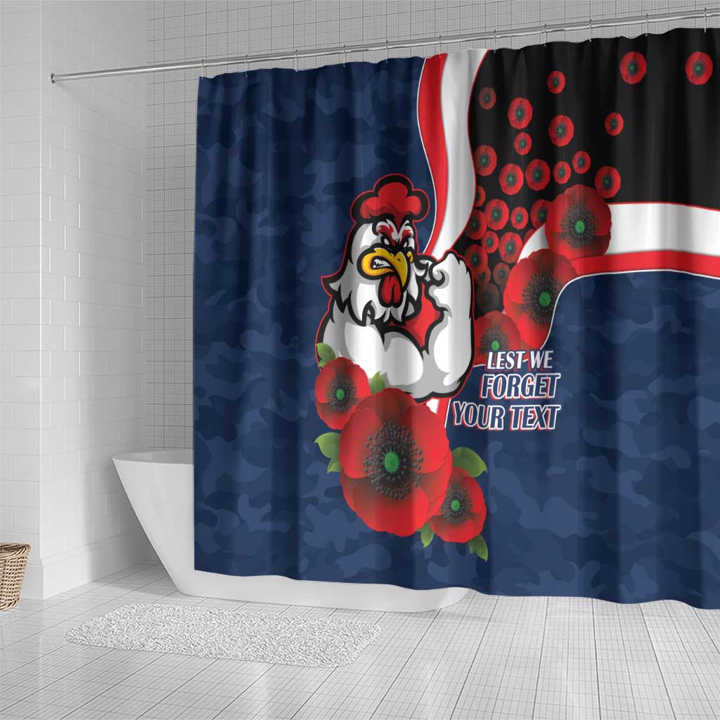 Sydney Roosters ANZAC Personalised Shower Curtain Lest We Forget Poppy Camo