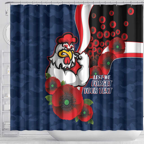 Sydney Roosters ANZAC Personalised Shower Curtain Lest We Forget Poppy Camo