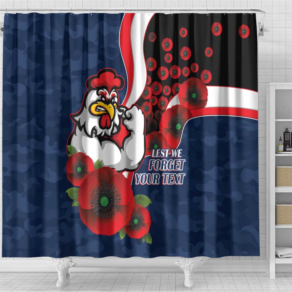 Sydney Roosters ANZAC Personalised Shower Curtain Lest We Forget Poppy Camo