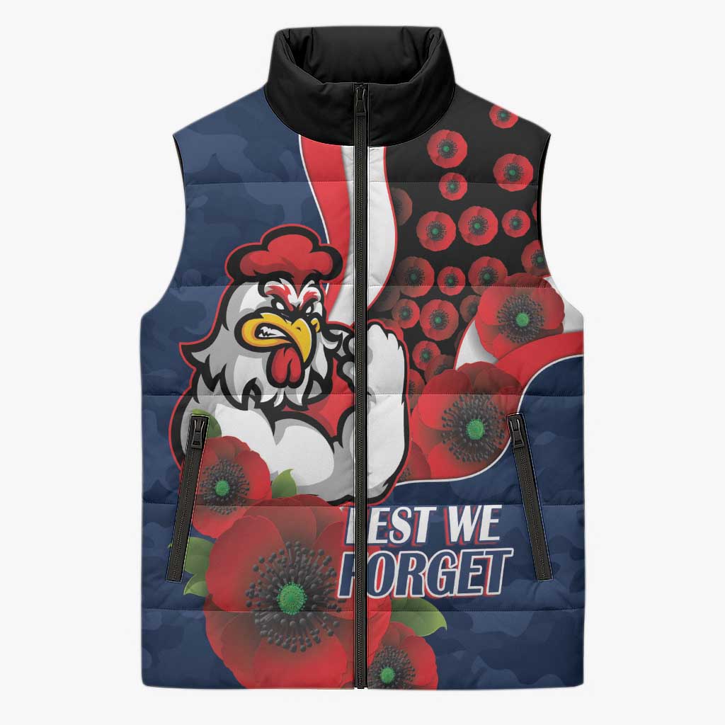 Sydney Roosters ANZAC Personalised Sleeveless Puffer Jacket Lest We Forget Poppy Camo