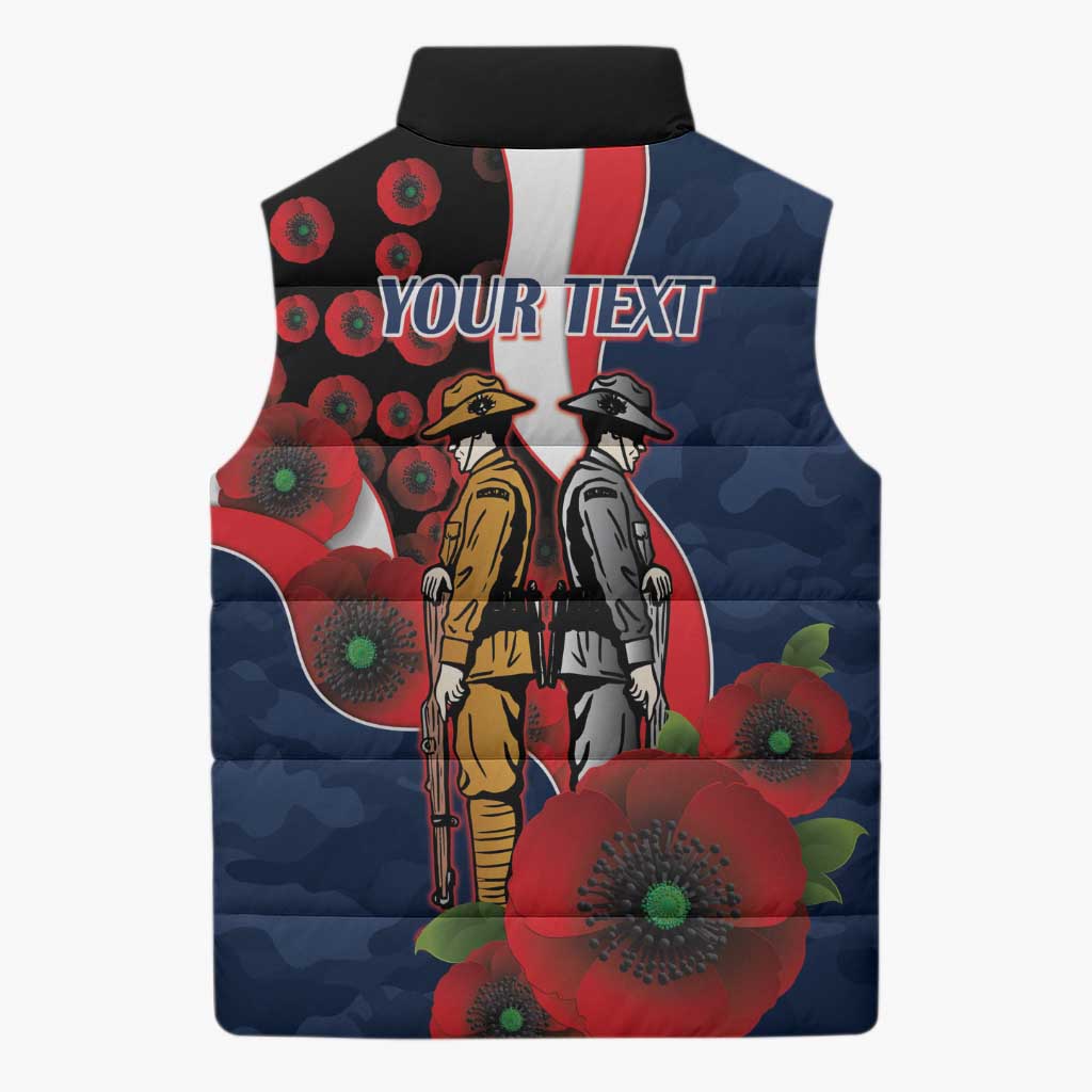 Sydney Roosters ANZAC Personalised Sleeveless Puffer Jacket Lest We Forget Poppy Camo