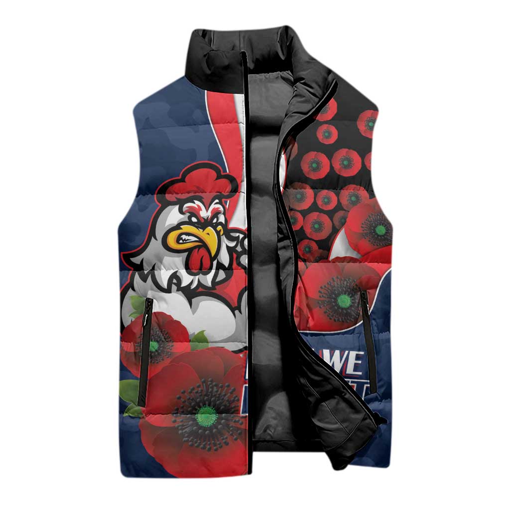 Sydney Roosters ANZAC Personalised Sleeveless Puffer Jacket Lest We Forget Poppy Camo