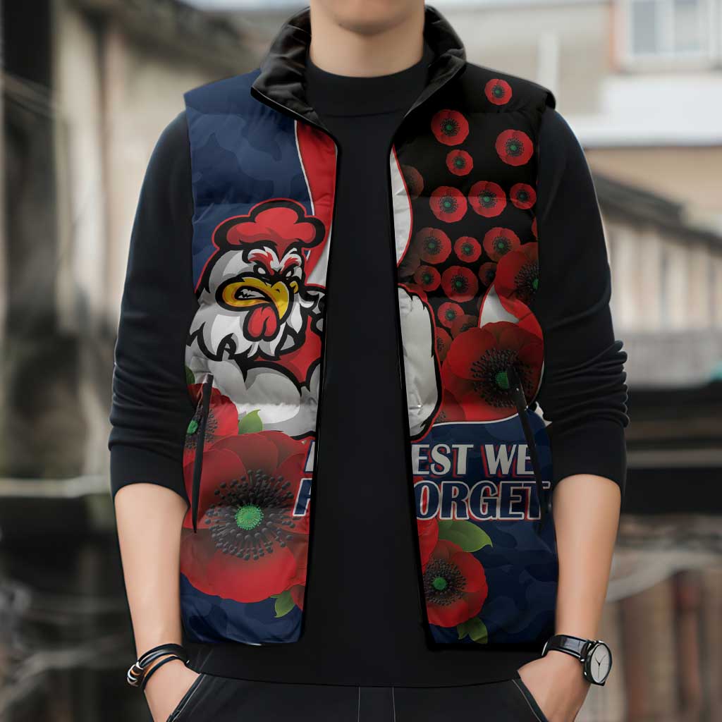 Sydney Roosters ANZAC Personalised Sleeveless Puffer Jacket Lest We Forget Poppy Camo
