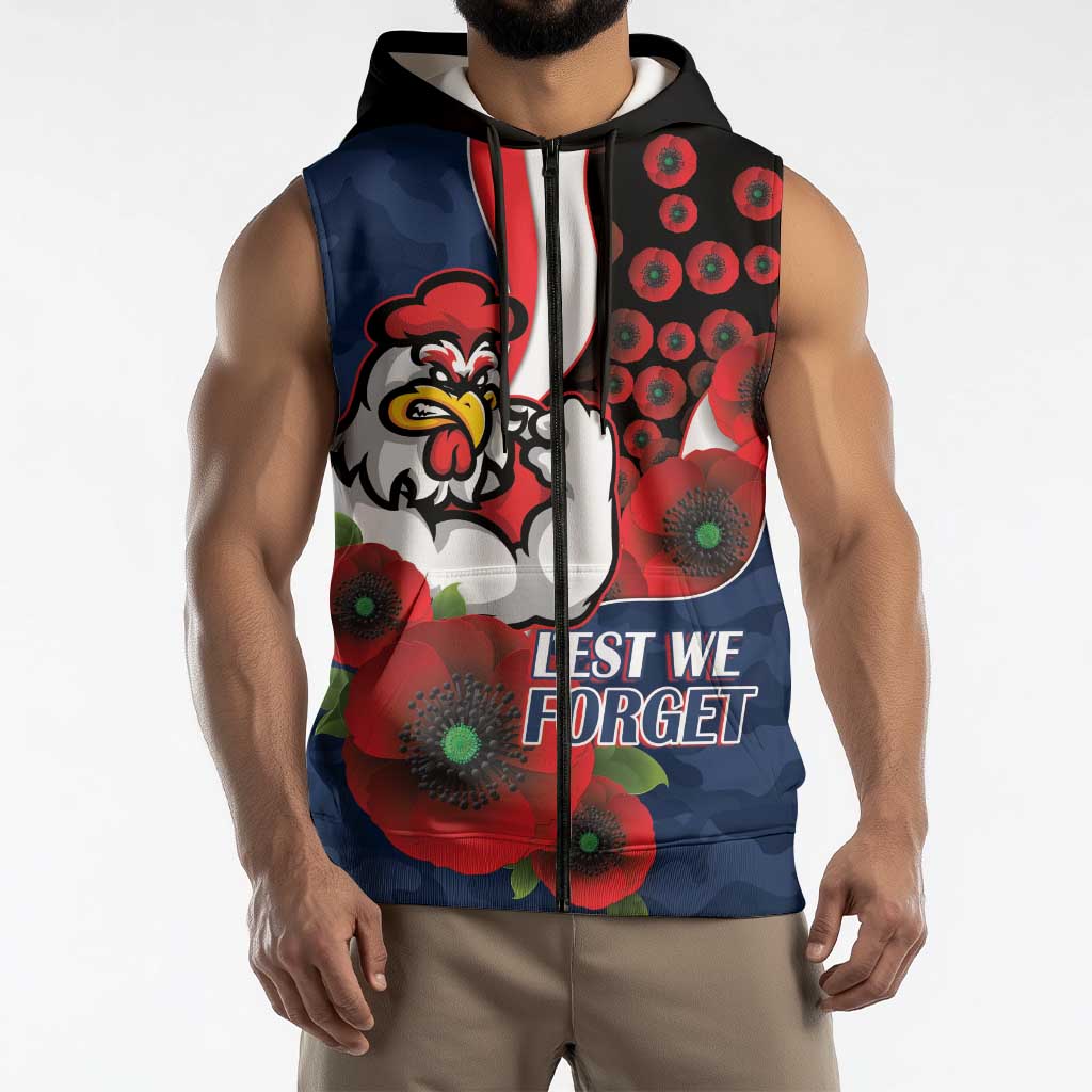 Sydney Roosters ANZAC Personalised Sleeveless Zip Hoodie Lest We Forget Poppy Camo