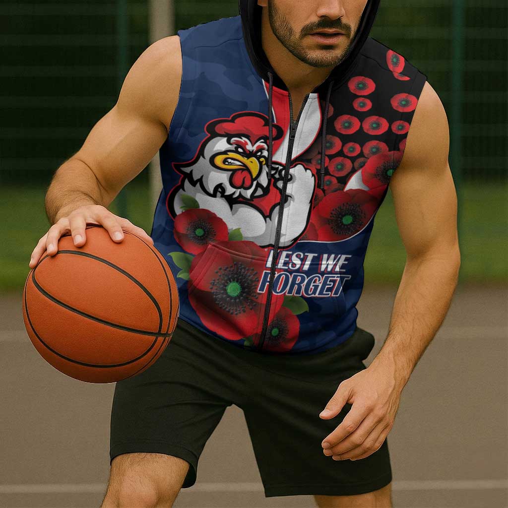 Sydney Roosters ANZAC Personalised Sleeveless Zip Hoodie Lest We Forget Poppy Camo