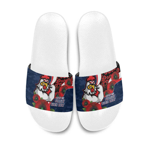 Sydney Roosters ANZAC Personalised Slide Sandals Lest We Forget Poppy Camo