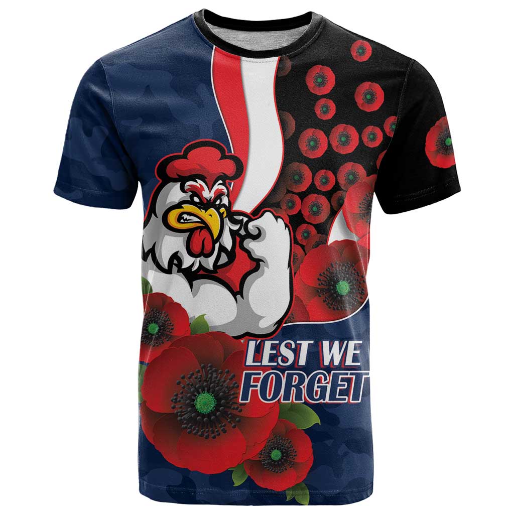 Sydney Roosters ANZAC Personalised T Shirt Lest We Forget Poppy Camo