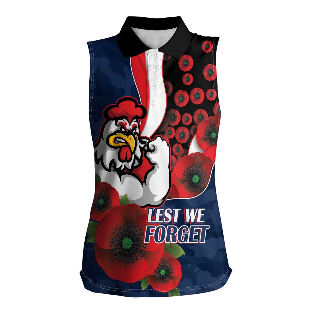 Sydney Roosters ANZAC Personalised Women Sleeveless Polo Shirt Lest We Forget Poppy Camo