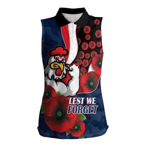 Sydney Roosters ANZAC Personalised Women Sleeveless Polo Shirt Lest We Forget Poppy Camo