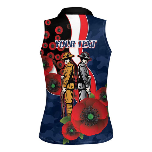 Sydney Roosters ANZAC Personalised Women Sleeveless Polo Shirt Lest We Forget Poppy Camo