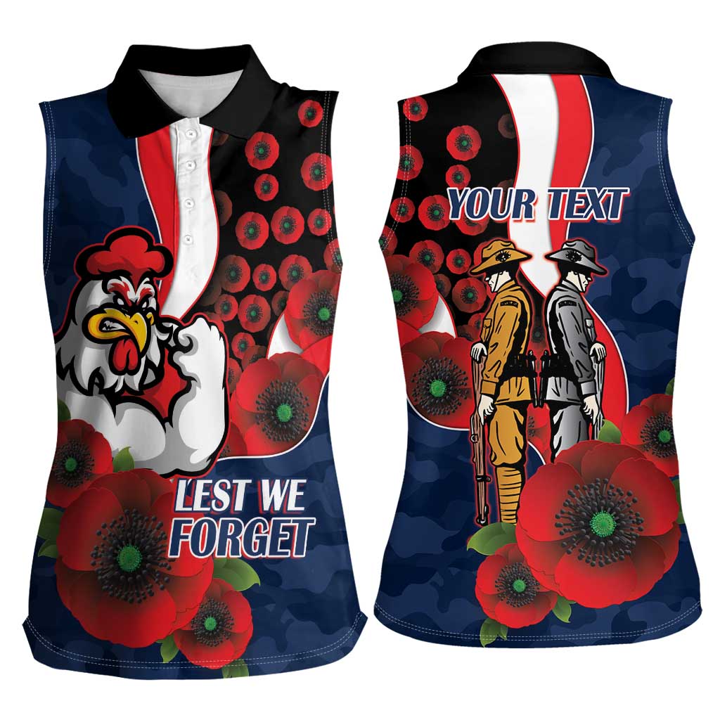 Sydney Roosters ANZAC Personalised Women Sleeveless Polo Shirt Lest We Forget Poppy Camo