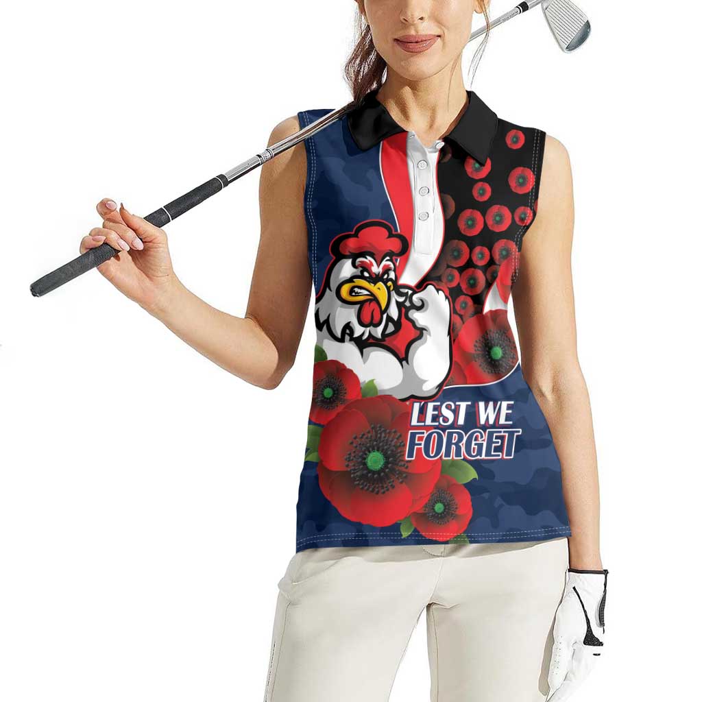 Sydney Roosters ANZAC Personalised Women Sleeveless Polo Shirt Lest We Forget Poppy Camo