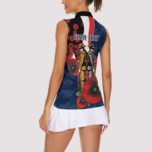 Sydney Roosters ANZAC Personalised Women Sleeveless Polo Shirt Lest We Forget Poppy Camo