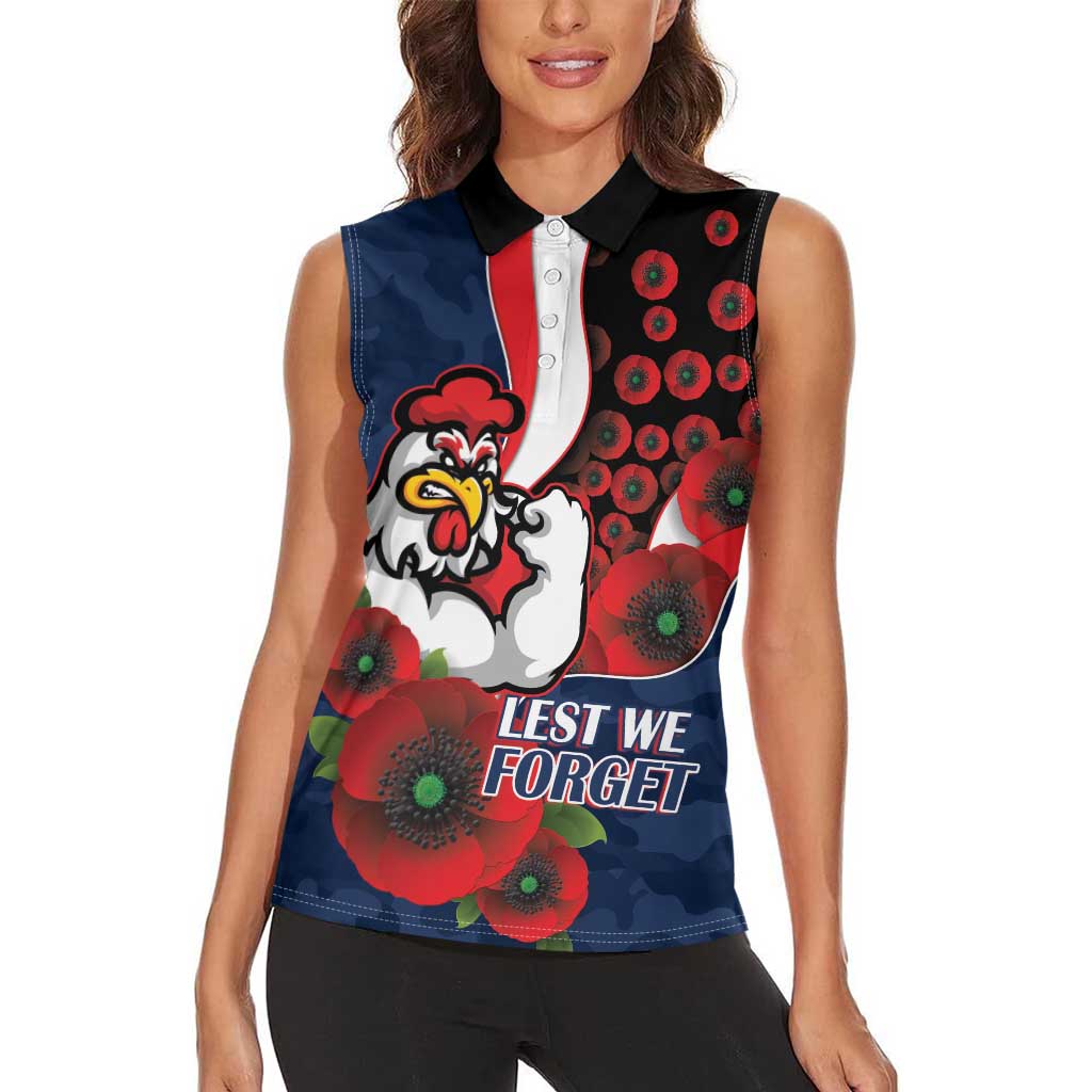 Sydney Roosters ANZAC Personalised Women Sleeveless Polo Shirt Lest We Forget Poppy Camo