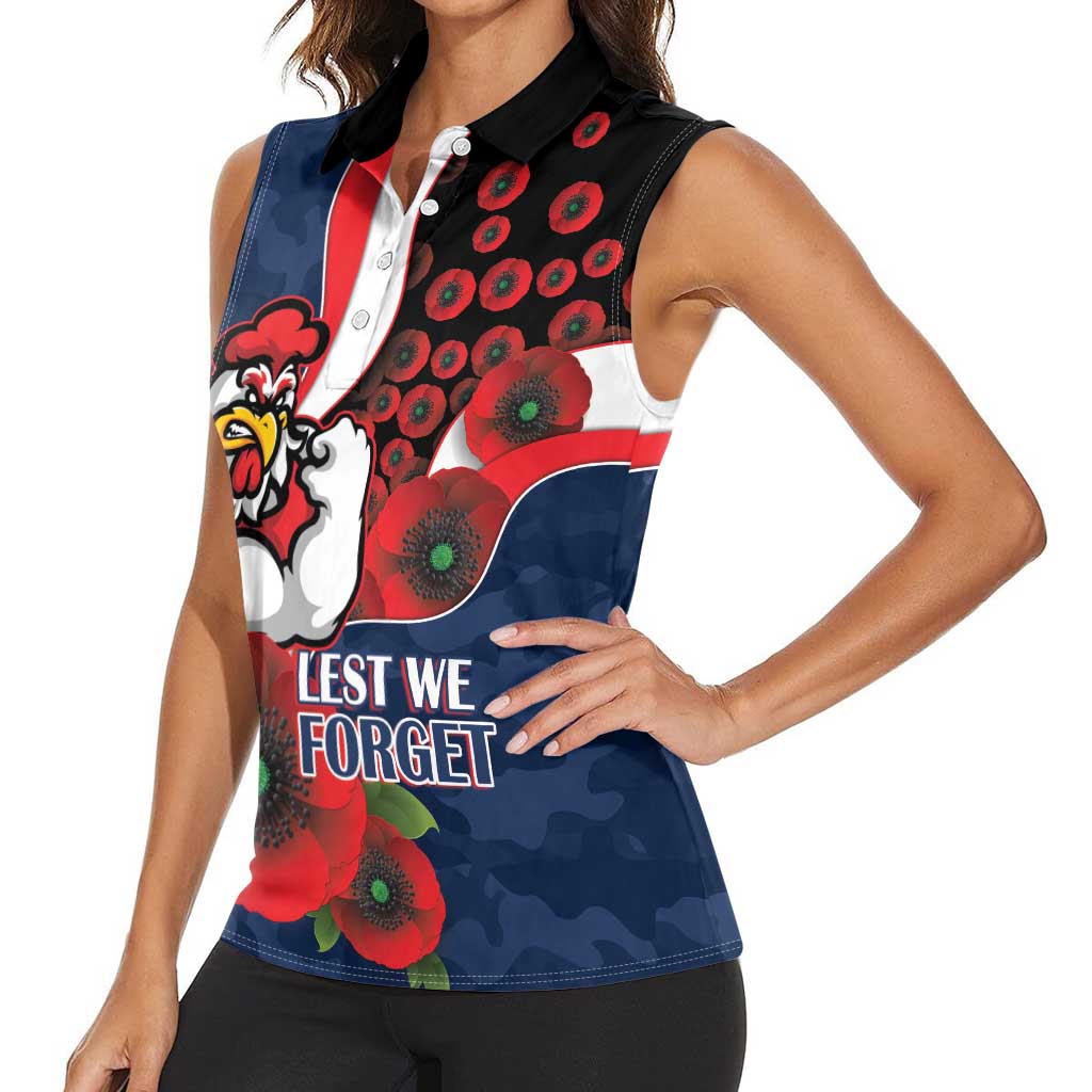 Sydney Roosters ANZAC Personalised Women Sleeveless Polo Shirt Lest We Forget Poppy Camo