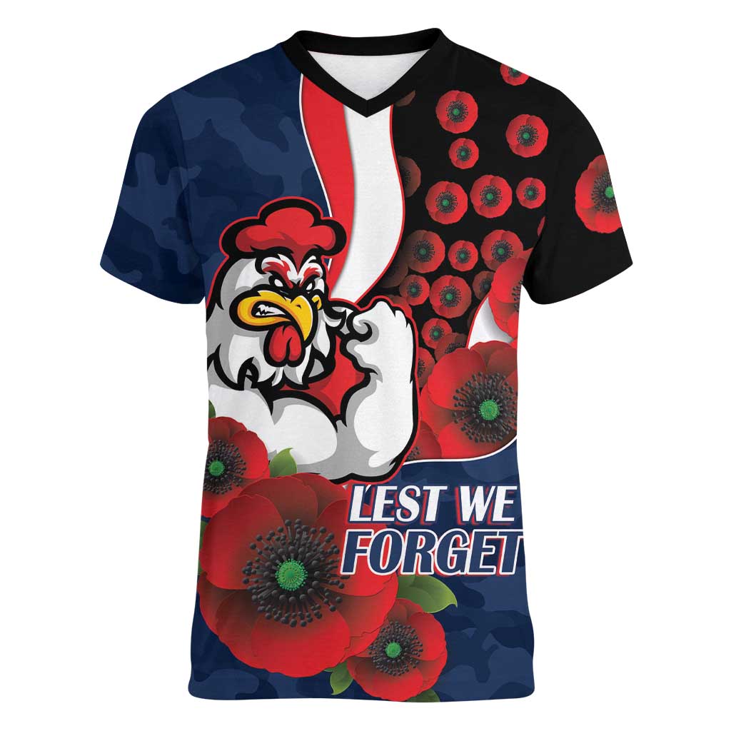 Sydney Roosters ANZAC Personalised Women V-Neck T-Shirt Lest We Forget Poppy Camo