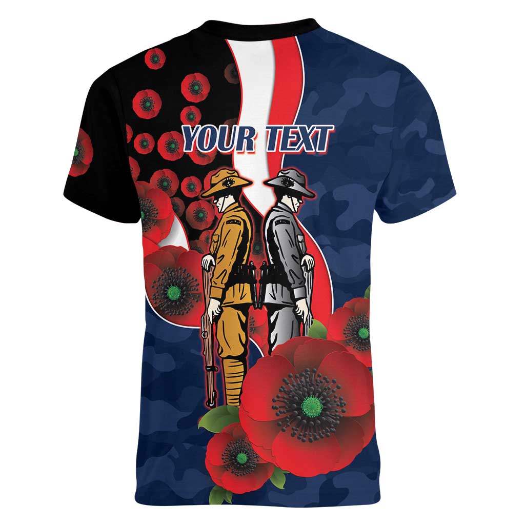 Sydney Roosters ANZAC Personalised Women V-Neck T-Shirt Lest We Forget Poppy Camo
