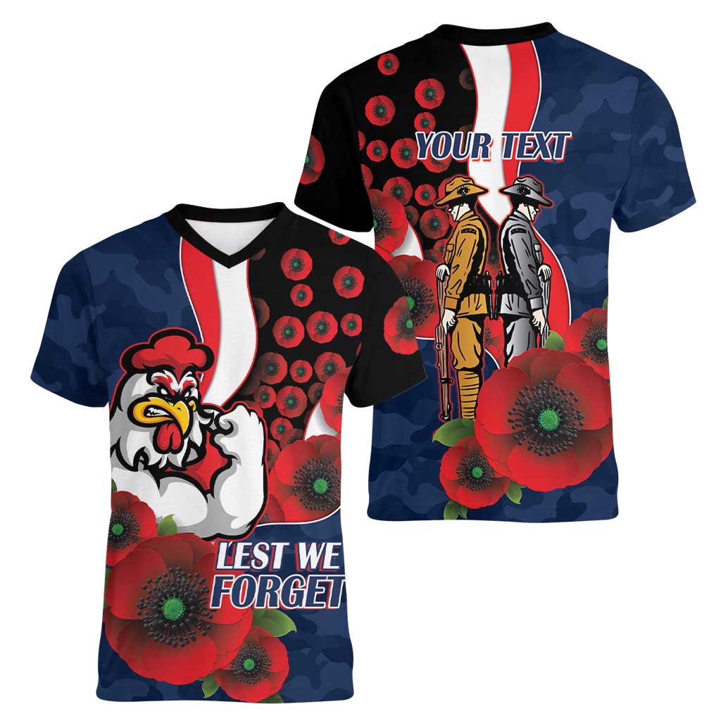 Sydney Roosters ANZAC Personalised Women V-Neck T-Shirt Lest We Forget Poppy Camo