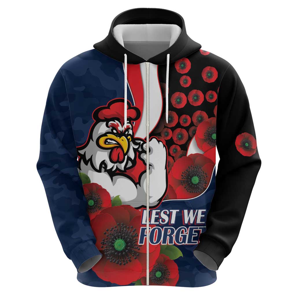 Sydney Roosters ANZAC Personalised Zip Hoodie Lest We Forget Poppy Camo