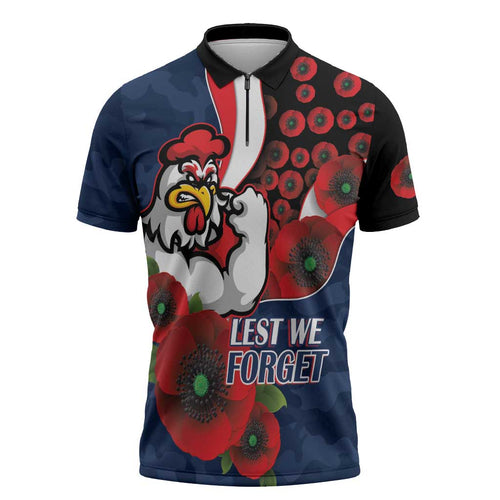 Sydney Roosters ANZAC Personalised Zipper Polo Shirt Lest We Forget Poppy Camo
