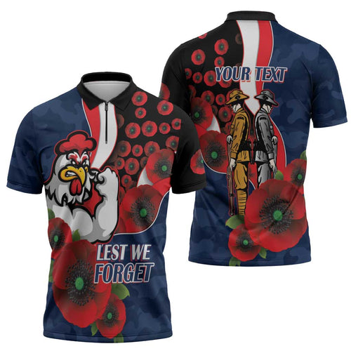 Sydney Roosters ANZAC Personalised Zipper Polo Shirt Lest We Forget Poppy Camo