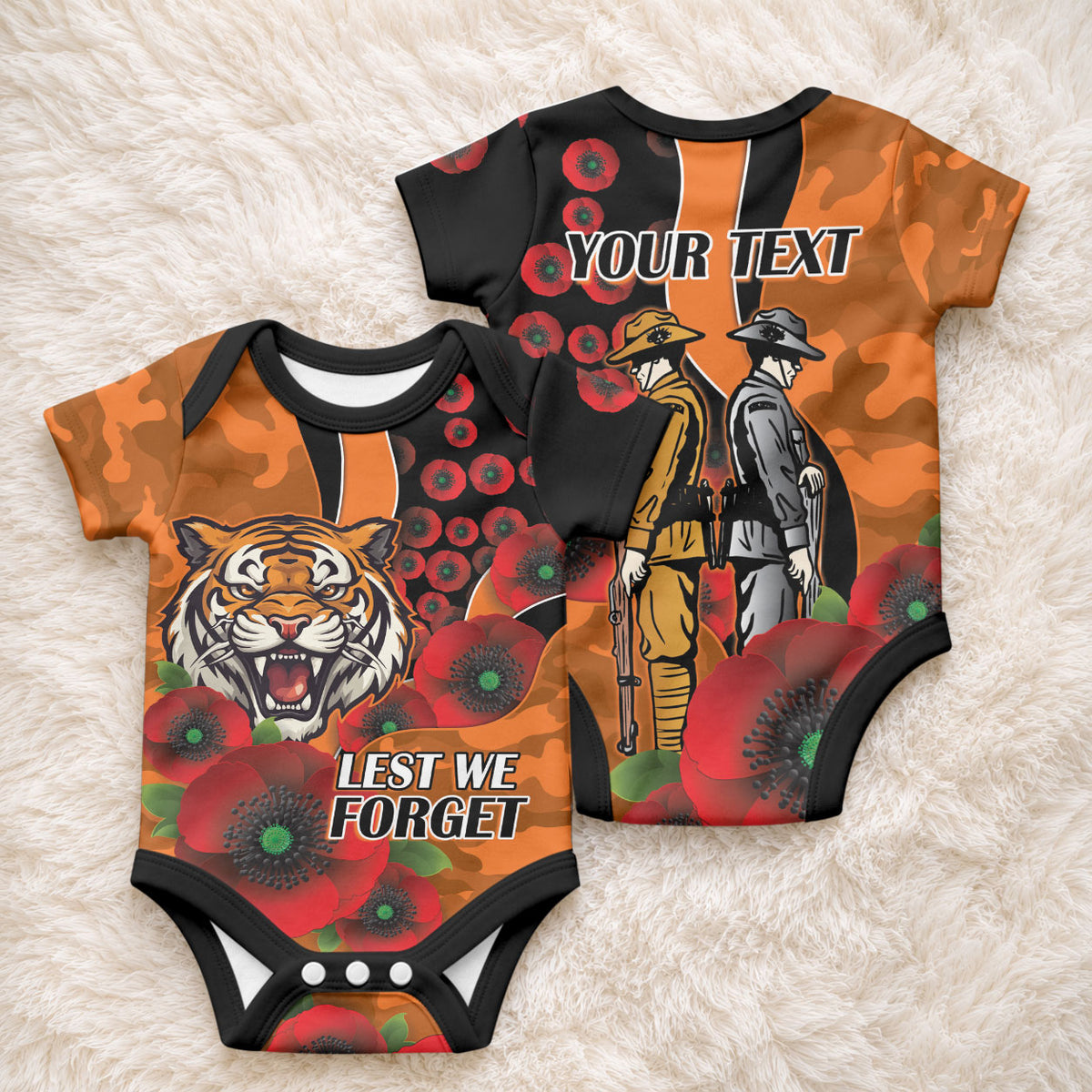 Wests Tigers ANZAC Personalised Baby Onesie Lest We Forget Poppy Camo