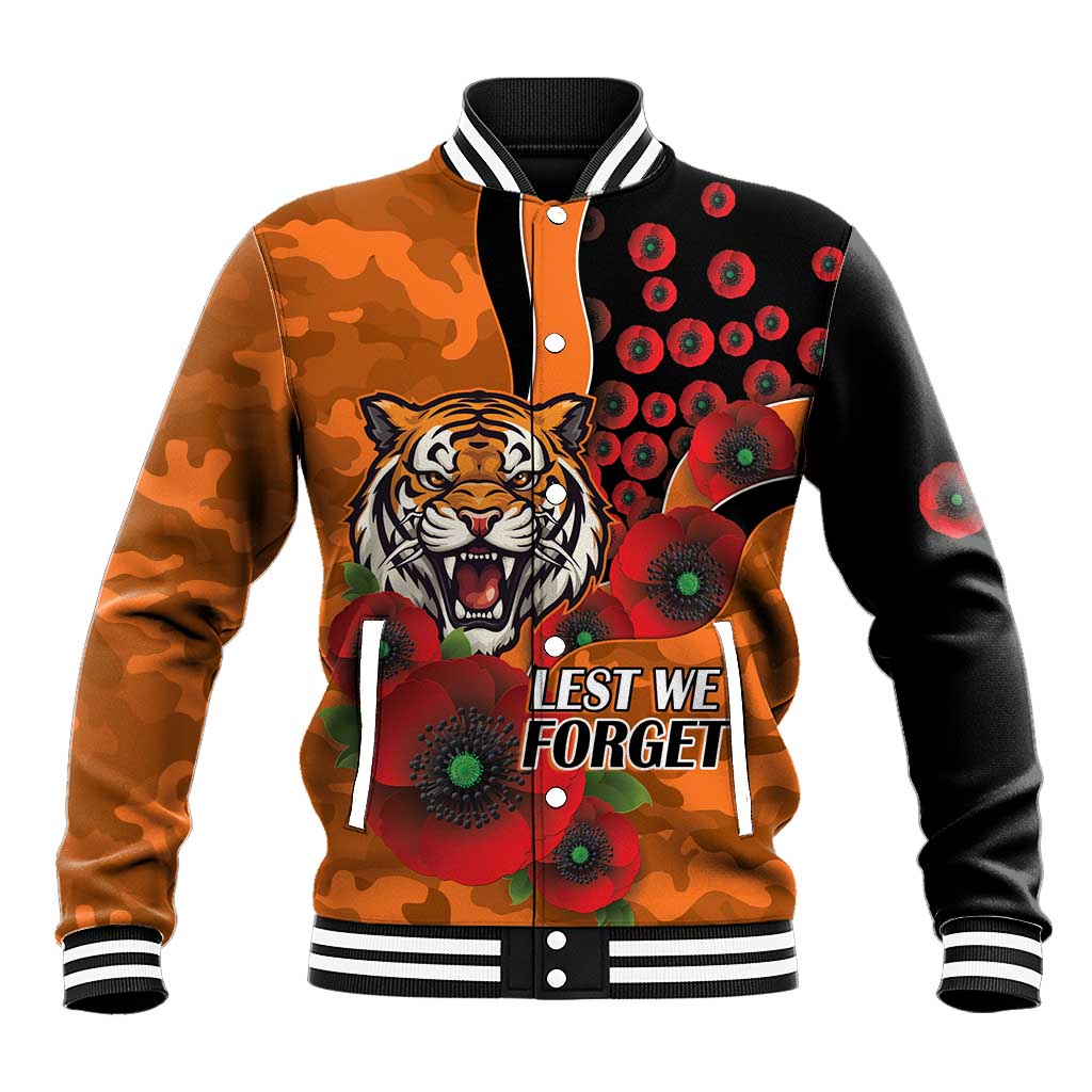 Wests Tigers ANZAC Personalised Baseball Jacket Lest We Forget Poppy Camo