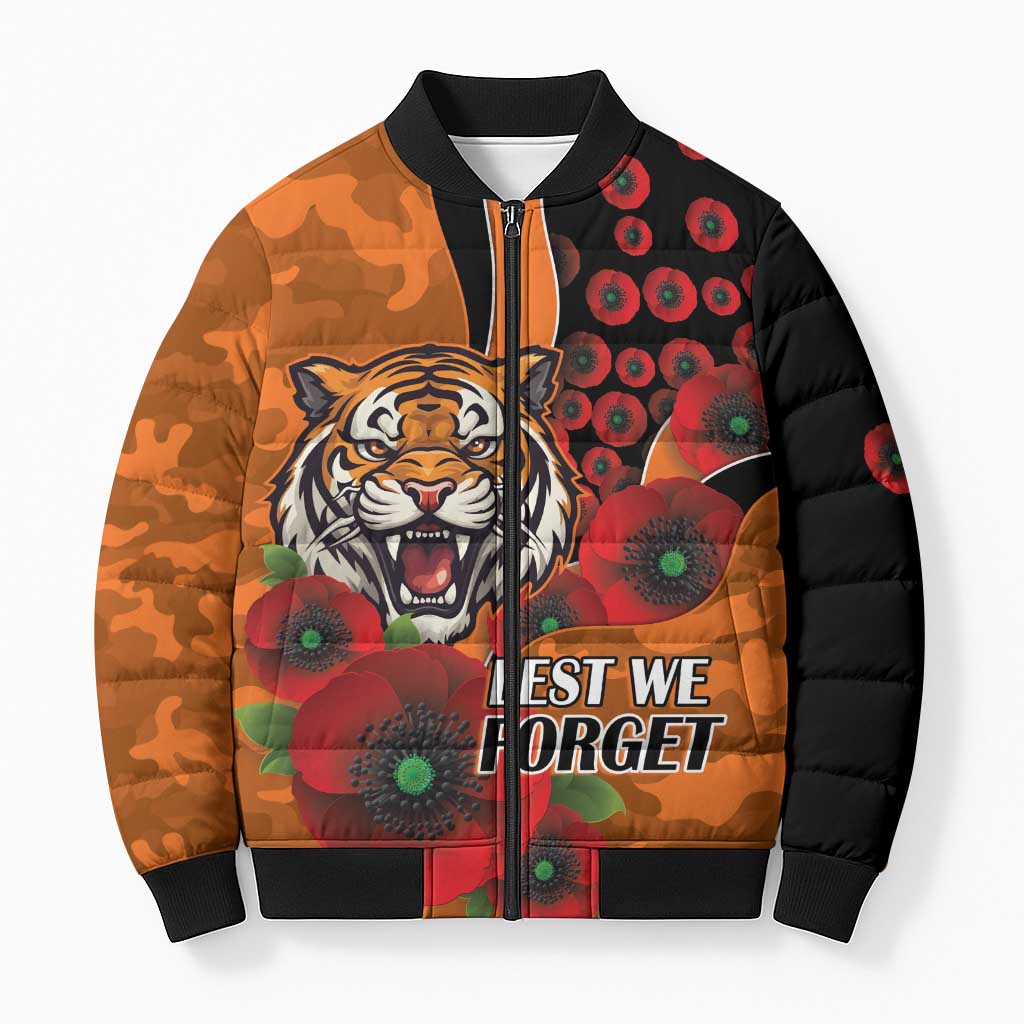 Wests Tigers ANZAC Personalised Bomber Puffer Jacket Lest We Forget Poppy Camo