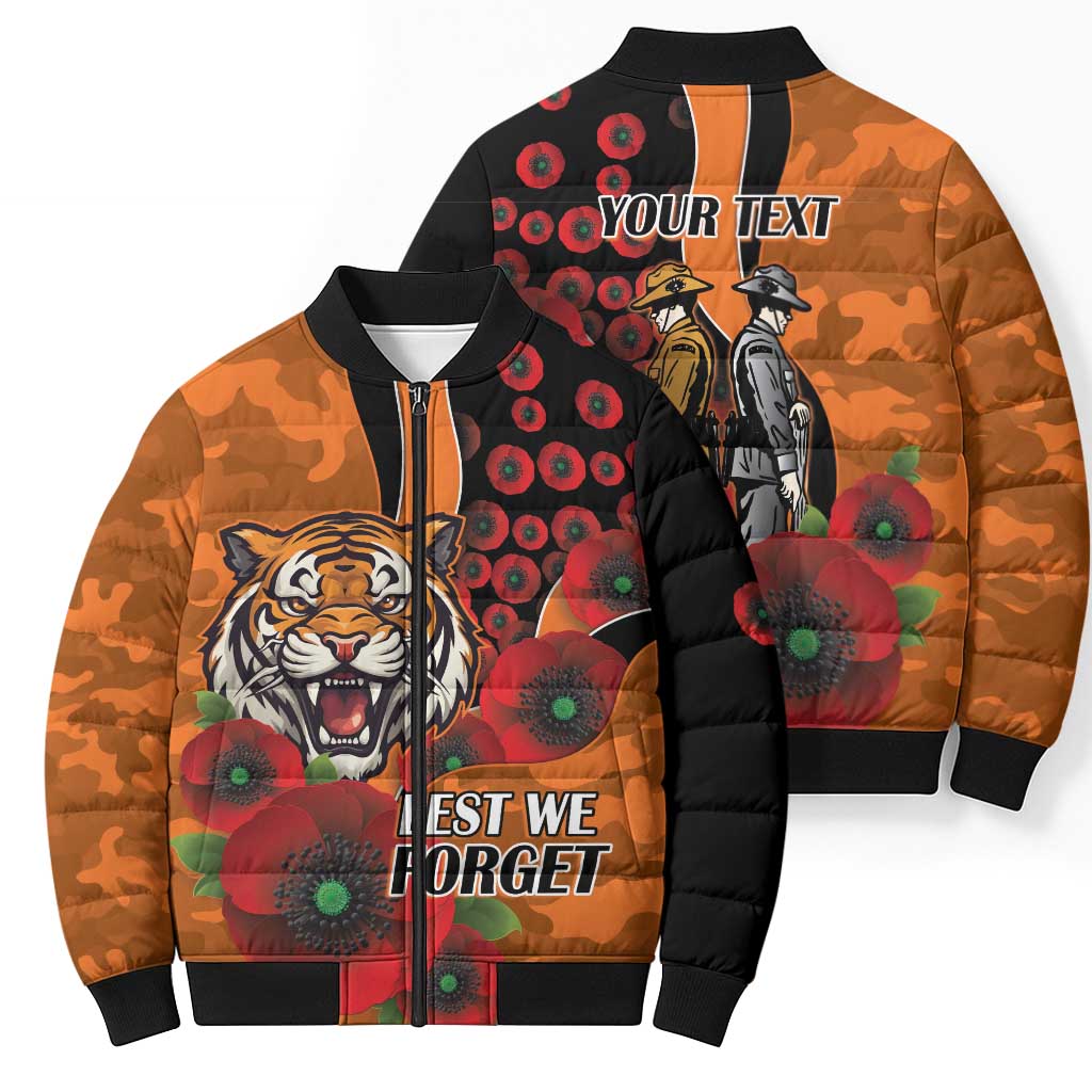 Wests Tigers ANZAC Personalised Bomber Puffer Jacket Lest We Forget Poppy Camo
