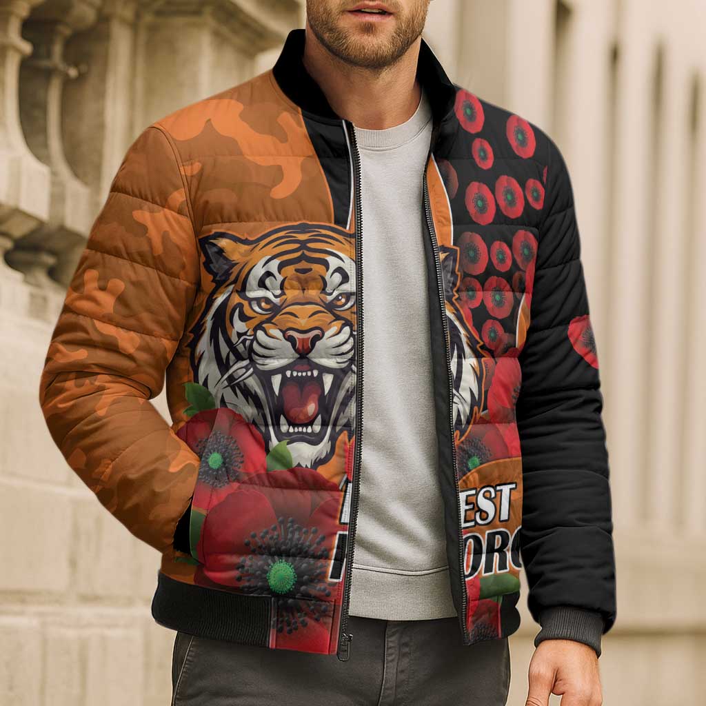 Wests Tigers ANZAC Personalised Bomber Puffer Jacket Lest We Forget Poppy Camo