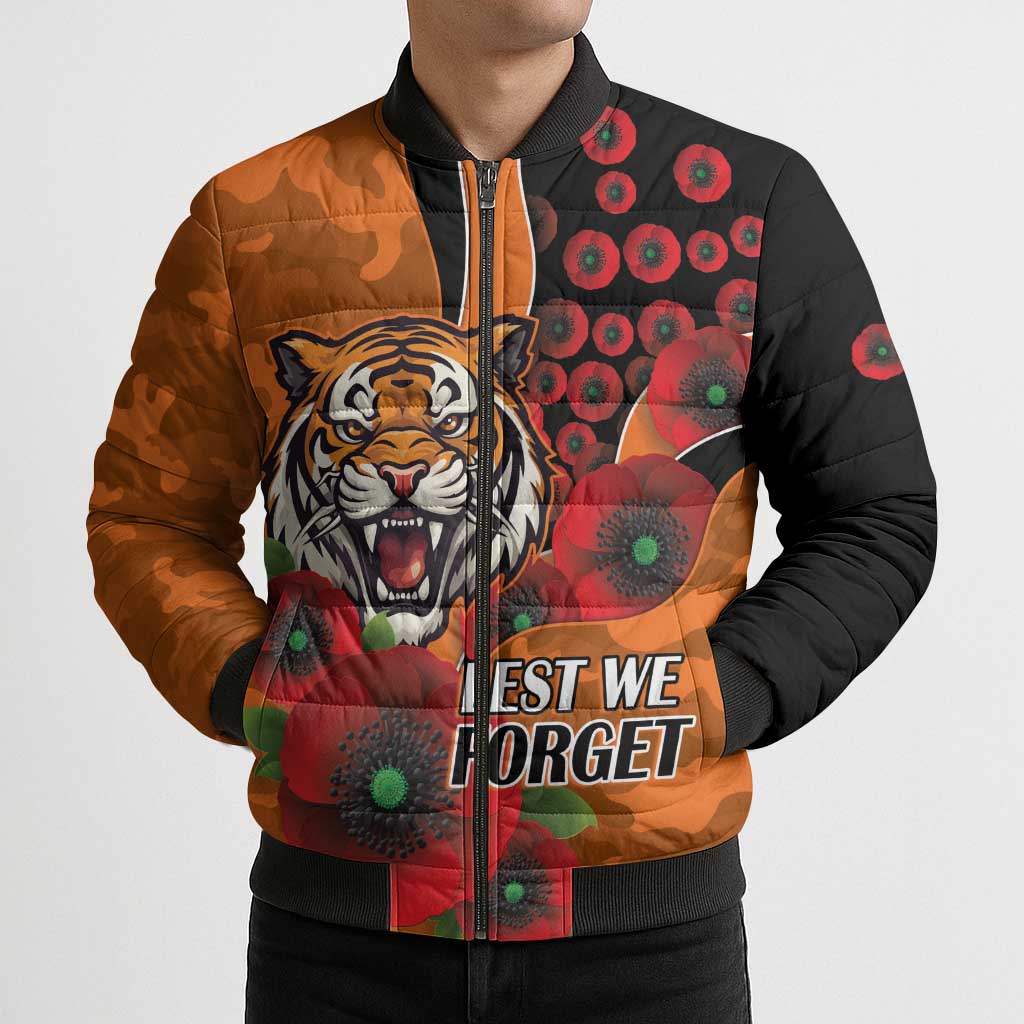 Wests Tigers ANZAC Personalised Bomber Puffer Jacket Lest We Forget Poppy Camo