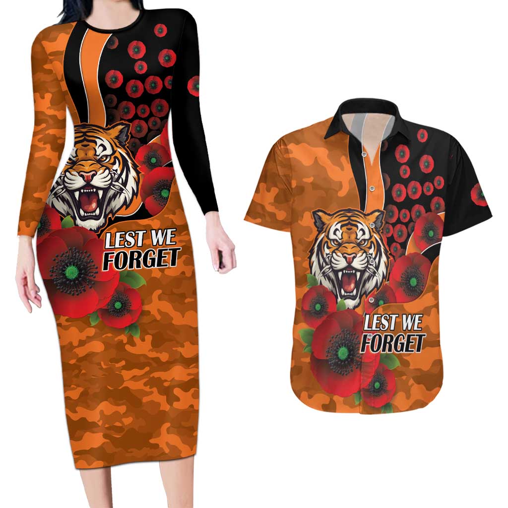 Wests Tigers ANZAC Personalised Couples Matching Long Sleeve Bodycon Dress and Hawaiian Shirt Lest We Forget Poppy Camo
