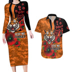 Wests Tigers ANZAC Personalised Couples Matching Long Sleeve Bodycon Dress and Hawaiian Shirt Lest We Forget Poppy Camo