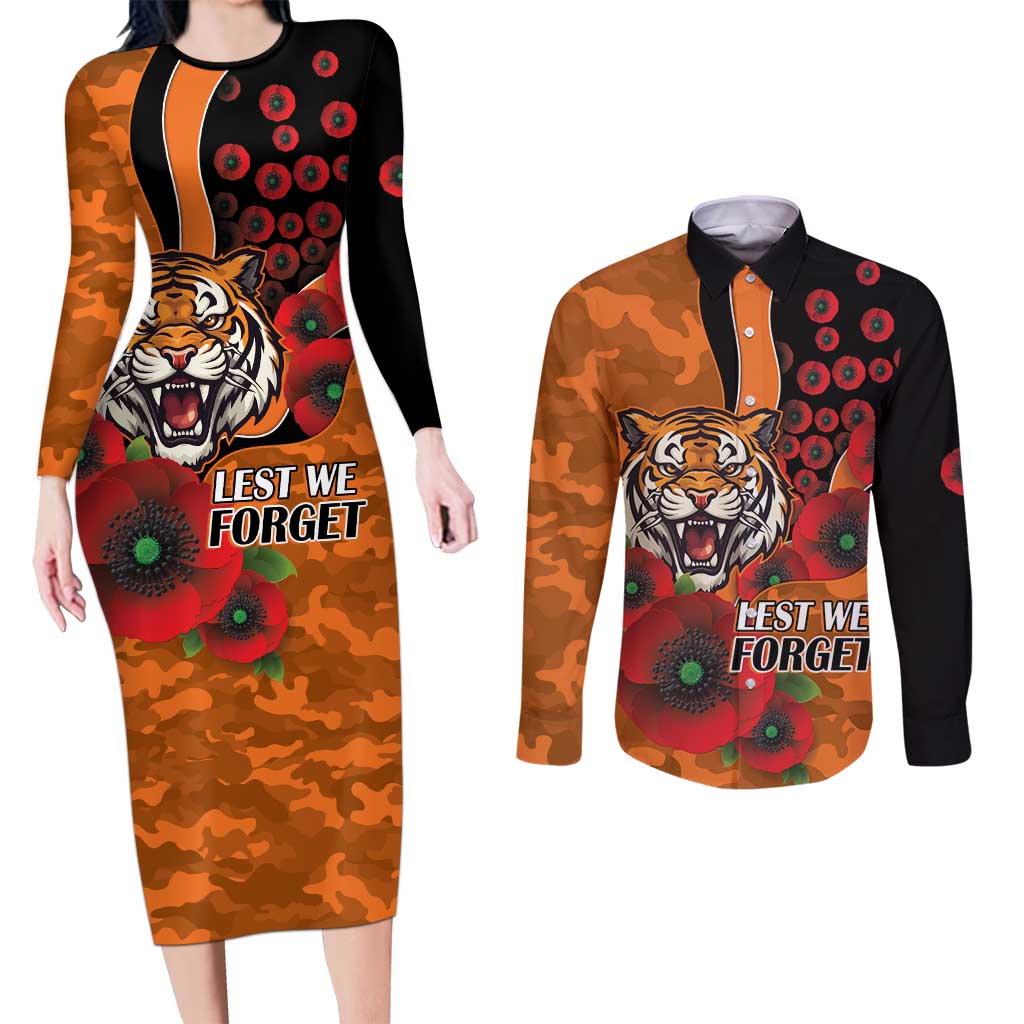Wests Tigers ANZAC Personalised Couples Matching Long Sleeve Bodycon Dress and Long Sleeve Button Shirt Lest We Forget Poppy Camo