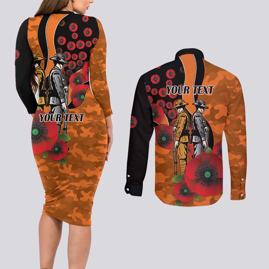 Wests Tigers ANZAC Personalised Couples Matching Long Sleeve Bodycon Dress and Long Sleeve Button Shirt Lest We Forget Poppy Camo