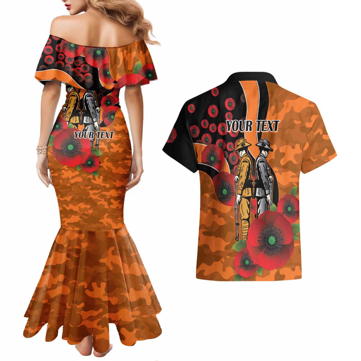 Wests Tigers ANZAC Personalised Couples Matching Mermaid Dress and Hawaiian Shirt Lest We Forget Poppy Camo