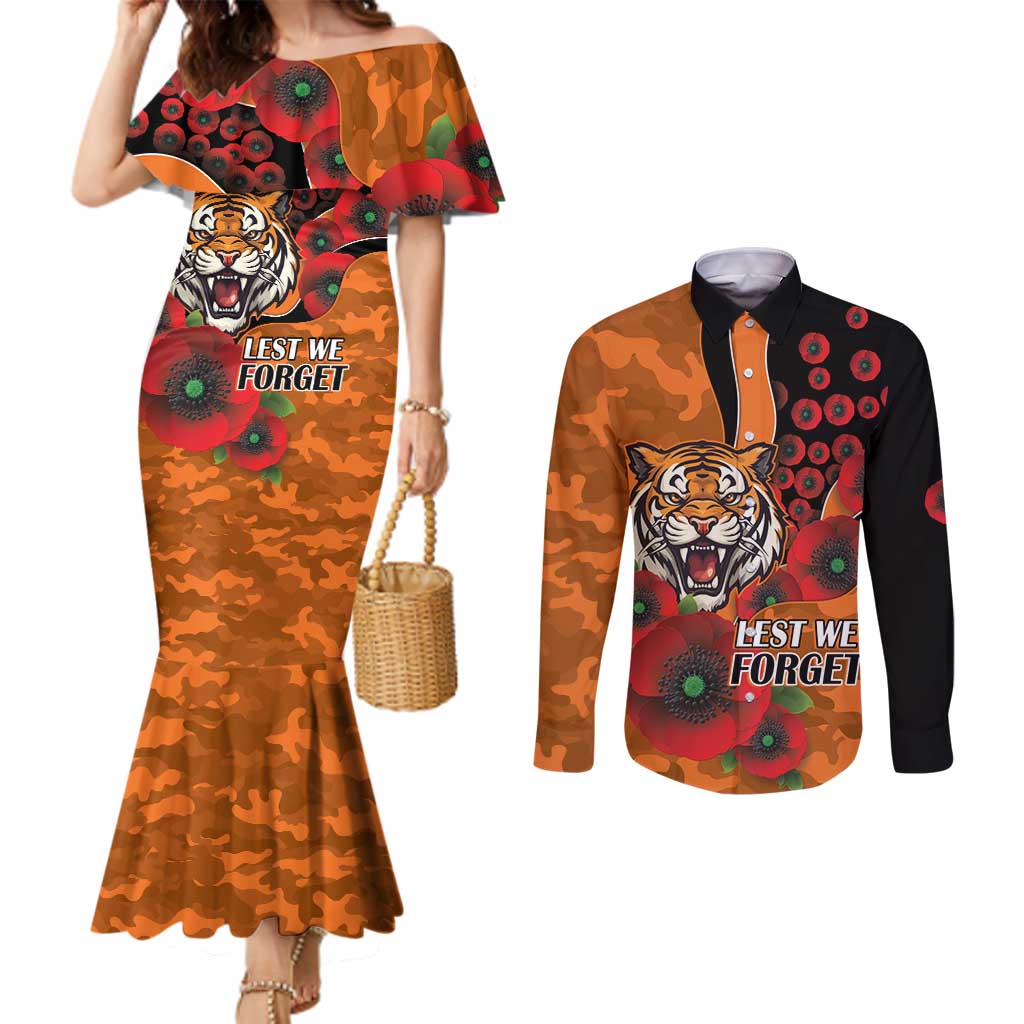 Wests Tigers ANZAC Personalised Couples Matching Mermaid Dress and Long Sleeve Button Shirt Lest We Forget Poppy Camo