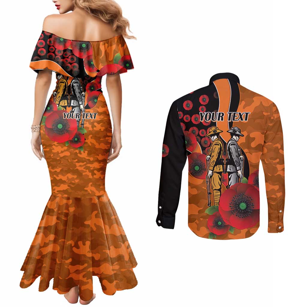Wests Tigers ANZAC Personalised Couples Matching Mermaid Dress and Long Sleeve Button Shirt Lest We Forget Poppy Camo