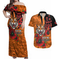 Wests Tigers ANZAC Personalised Couples Matching Off Shoulder Maxi Dress and Hawaiian Shirt Lest We Forget Poppy Camo